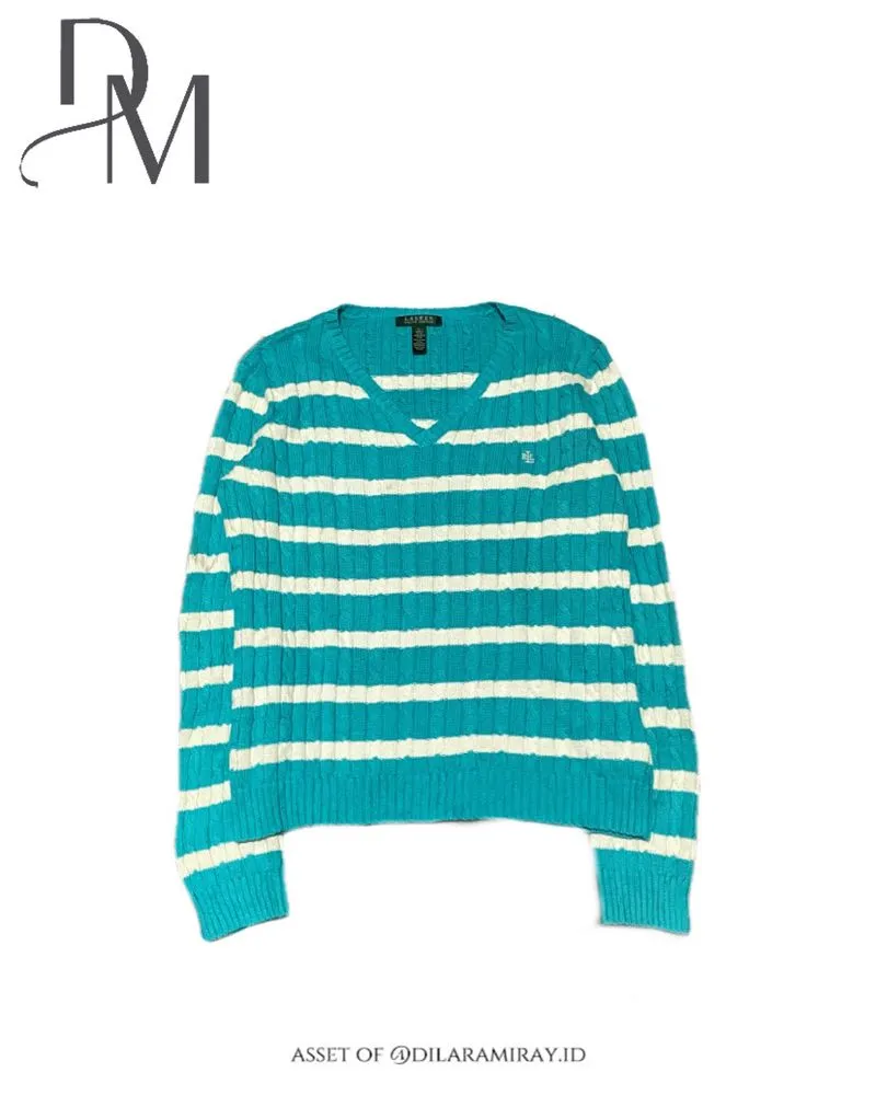 Lauren Ralph Lauren V-Neck Stripe Cable Knit Mint Sweater photo 1