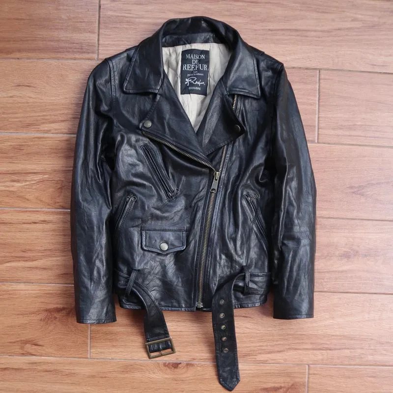 MAISON DE REEFUR Jaket kulit asli domba biker cewek crop photo 1