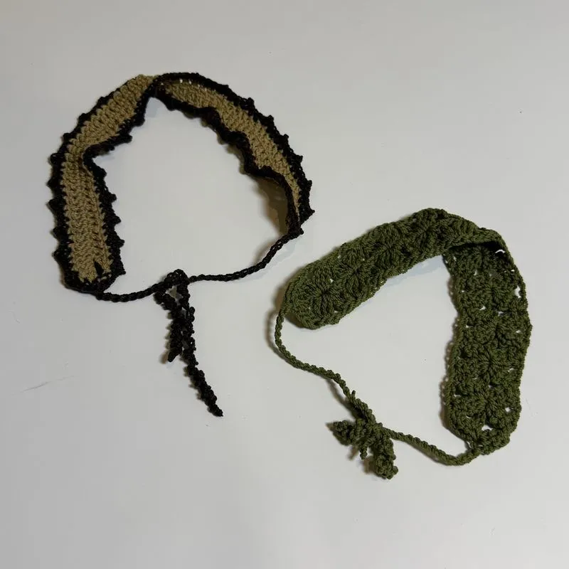 Get 2 Brown Tan & Green Flower Crochet Knit Hair Bandana  photo 1