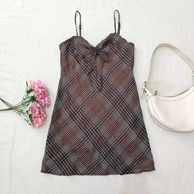 Mini Dress Plaid Brown Coquette Aesthetic photo 1