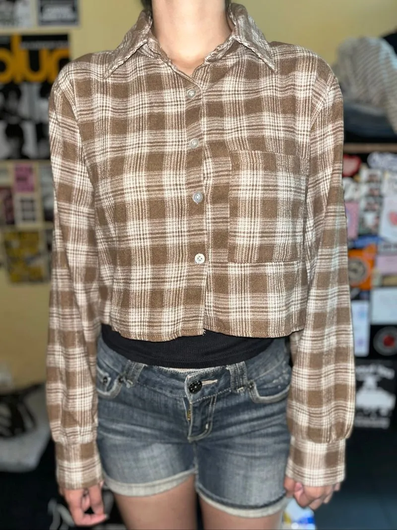 cropped plaid brown shirt photo 1