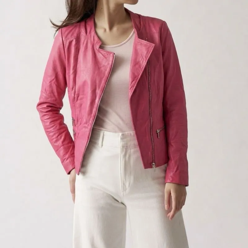 Jaket kulit asli pink domba mulus casual biker cewek ramones photo 1