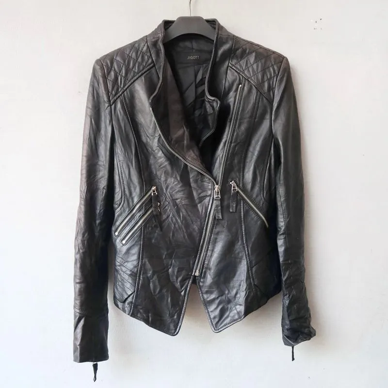 Jaket kulit asli domba itali biker cewek ramones rider photo 1